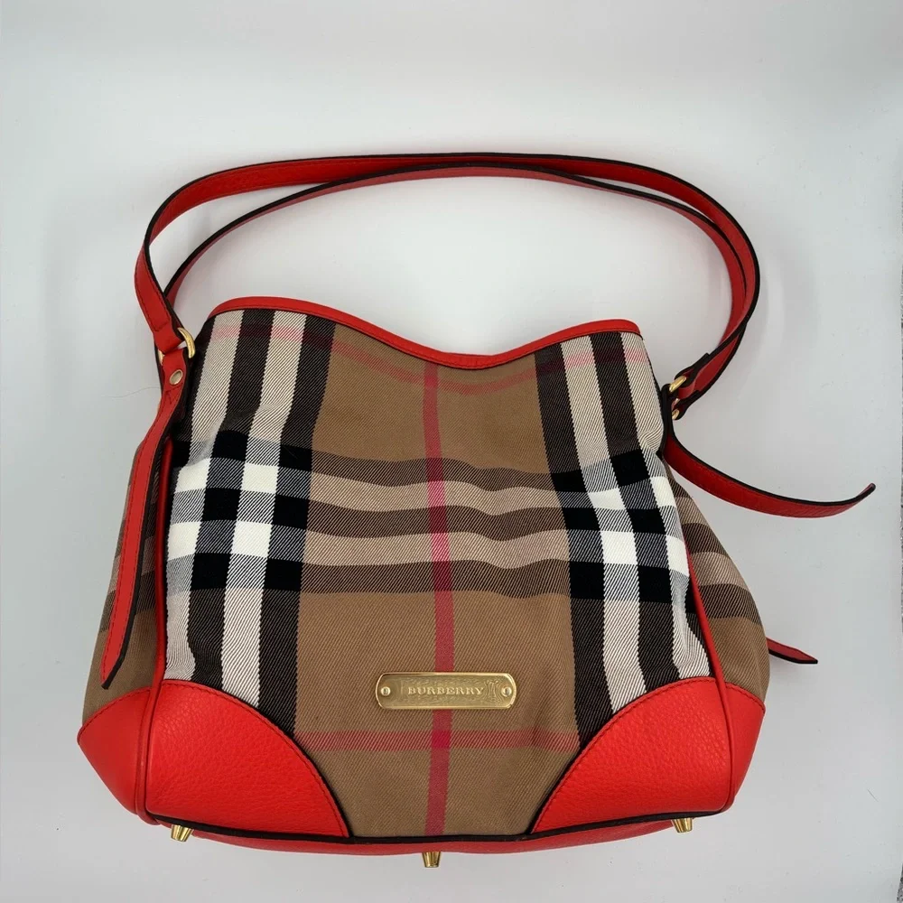 Auth Burberry House Check Canterbury canvas leather orange bag tote purse - Picture 6 of 16